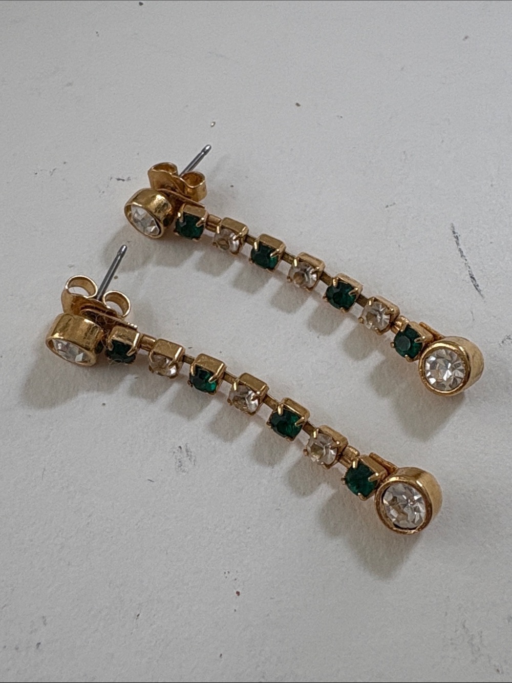 Green and Clear Crystal Enhanced Dangle Stud Pierced Earrings.
